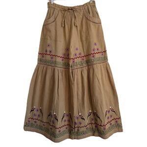 Sacred Threads Women Tan Embroidered Flare Wide Leg Pants Boho Hippie Size M NEW